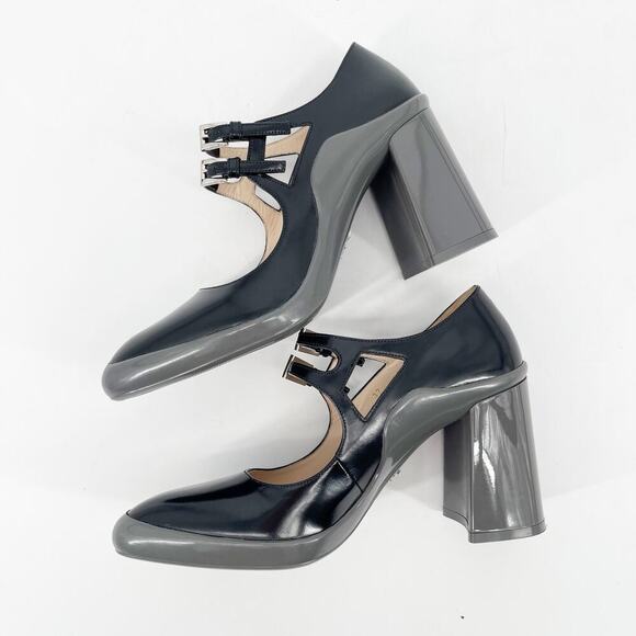 Prada Fall 2015 Runway Black Leather Gray Rubber Mary Jane Block Heel size IT 37 - Picture 5 of 13